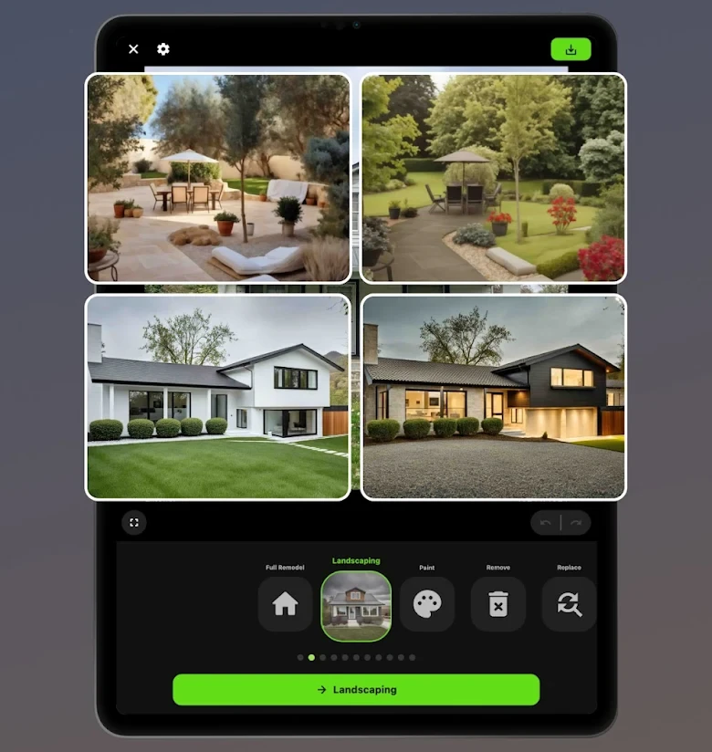 Captura de pantalla de Remodel AI en su función de diseño de jardines y paisajismo