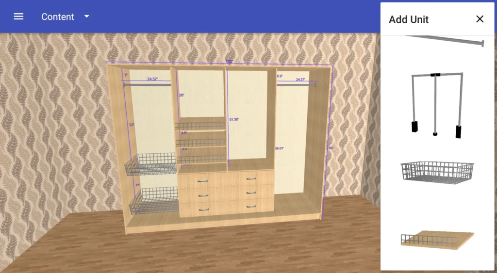 Personalización de interior de guardarropa en 3D